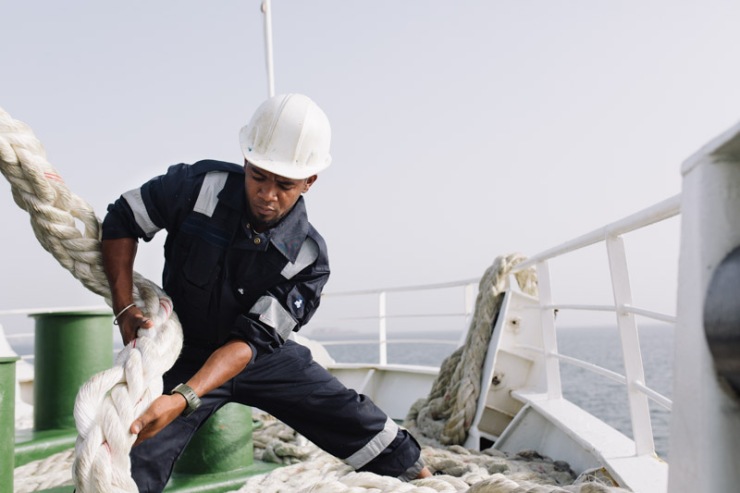 Odon Vita, Able Seaman, working on the bow during the arrival to Dakar.